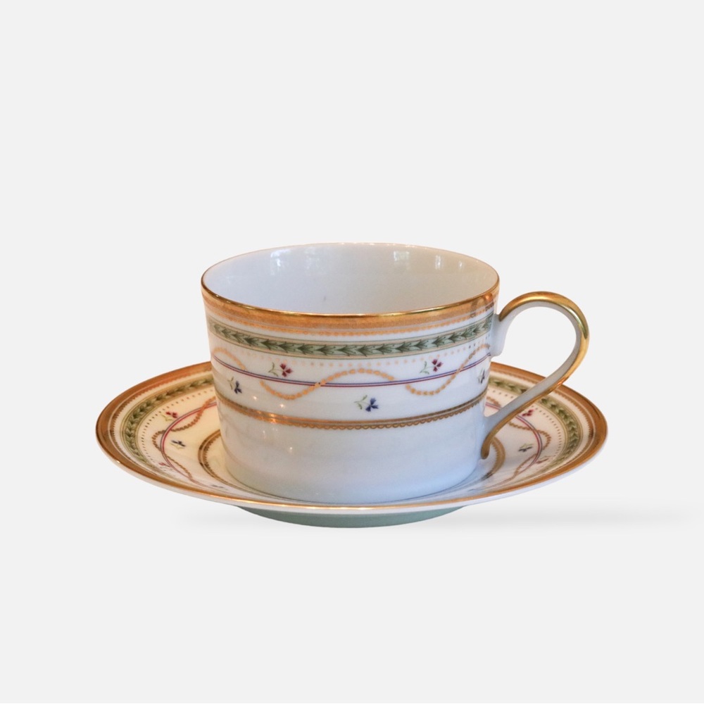 (Rare) Faberge | Flat Teacup & Saucer Fine China Set—Luxembourg Green